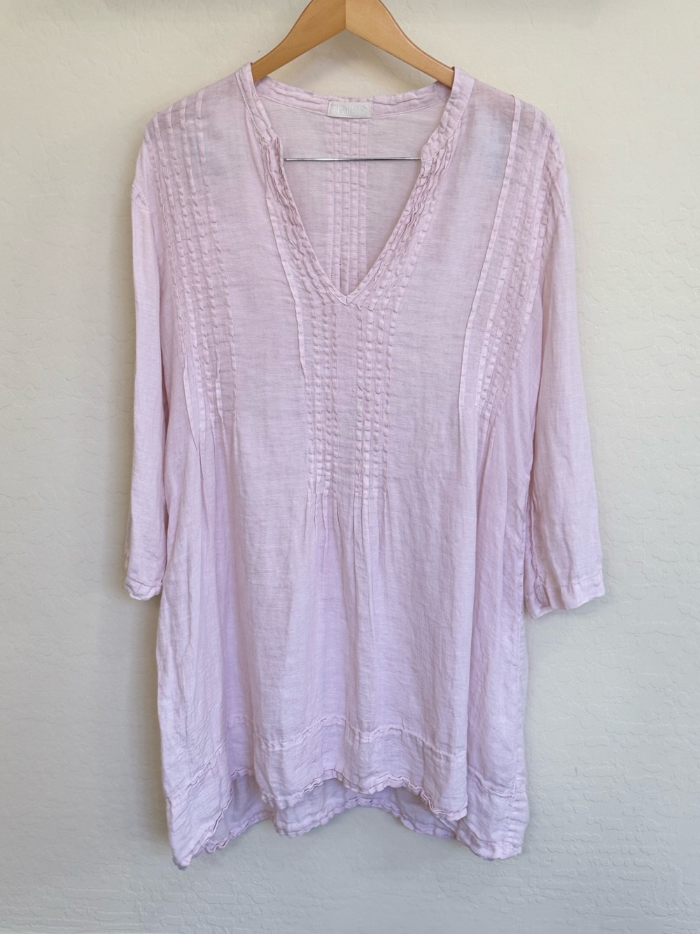 CP Shades Regina Pintuck Pleated 100% Linen Tunic Dress Pink Large V-Neck